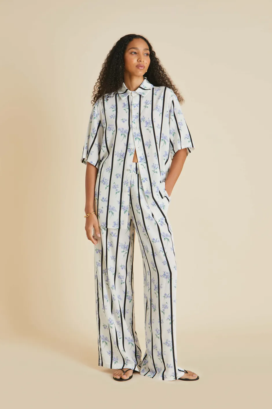 Clearance Olivia von Halle Alabama Hypnos Stripe Pajamasin Silk Crêpe de Chine Ivory