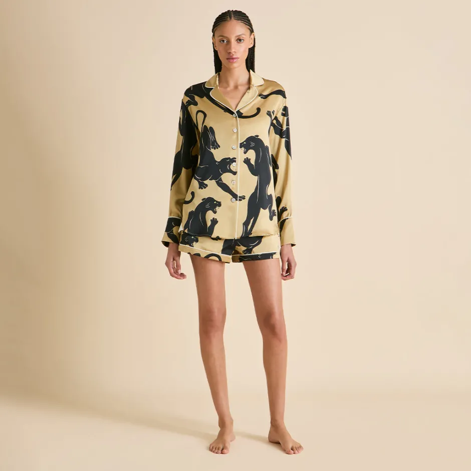 Discount Olivia von Halle Alba Perriand Panther Pajamasin Silk Satin Gold