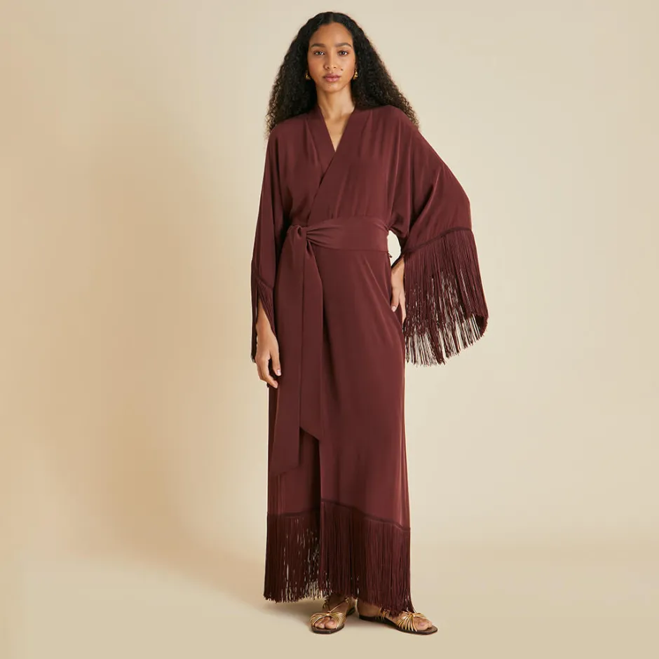 Discount Olivia von Halle Amina Fringed Robein Silk Crêpe de Chine Burgundy