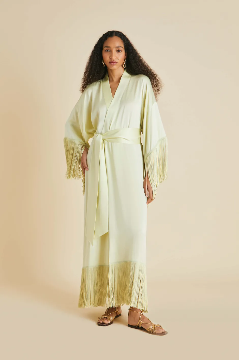 New Olivia von Halle Amina Pale Yellow Fringed Robein Sandwashed Silk Paleyellow