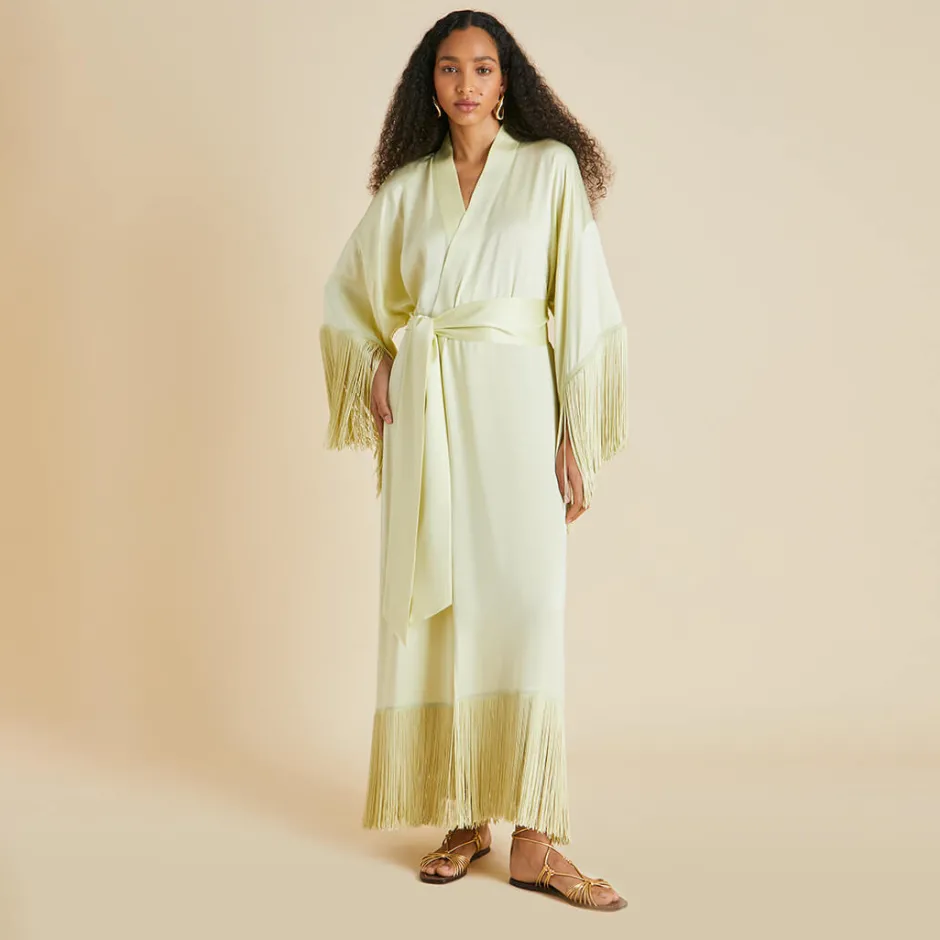 New Olivia von Halle Amina Pale Yellow Fringed Robein Sandwashed Silk Paleyellow