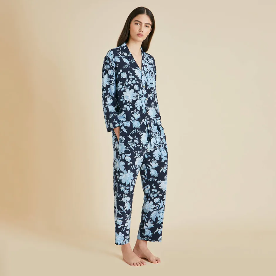 Shop Olivia von Halle Casablanca Alcides Floral Pajamasin Silk Crêpe de Chine Blue