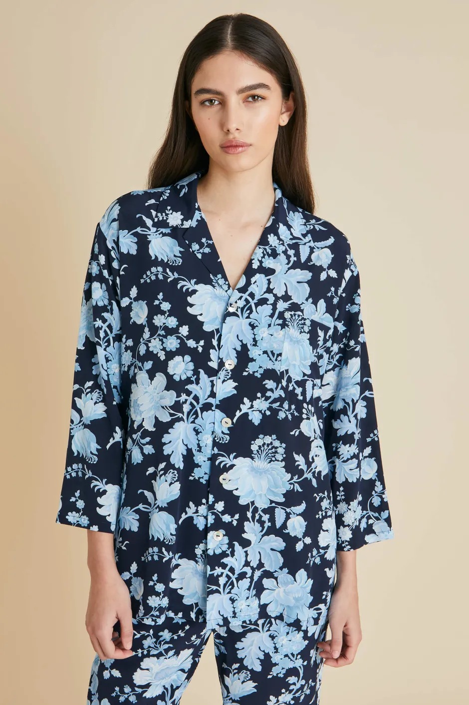 Shop Olivia von Halle Casablanca Alcides Floral Pajamasin Silk Crêpe de Chine Blue