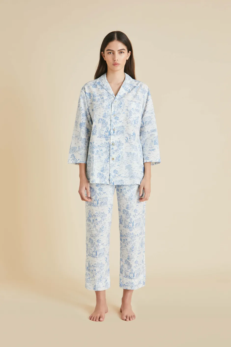 Flash Sale Olivia von Halle Casablanca Eros Toile de Jouy Pajamasin Cotton-Silk Ivory