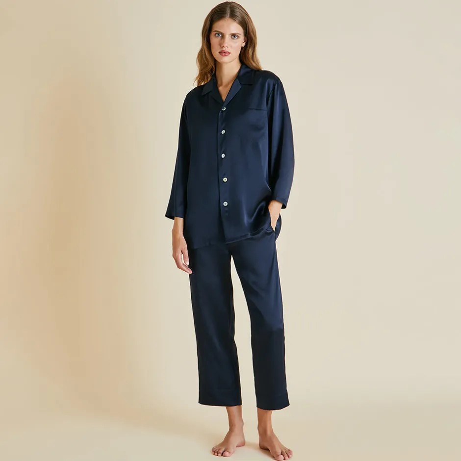 Shop Olivia von Halle Casablanca Pyjamasin Silk Satin Navy