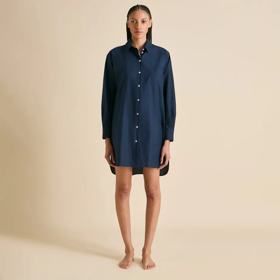 Store Olivia von Halle Celeste Nightshirtin Cotton-Silk Navy