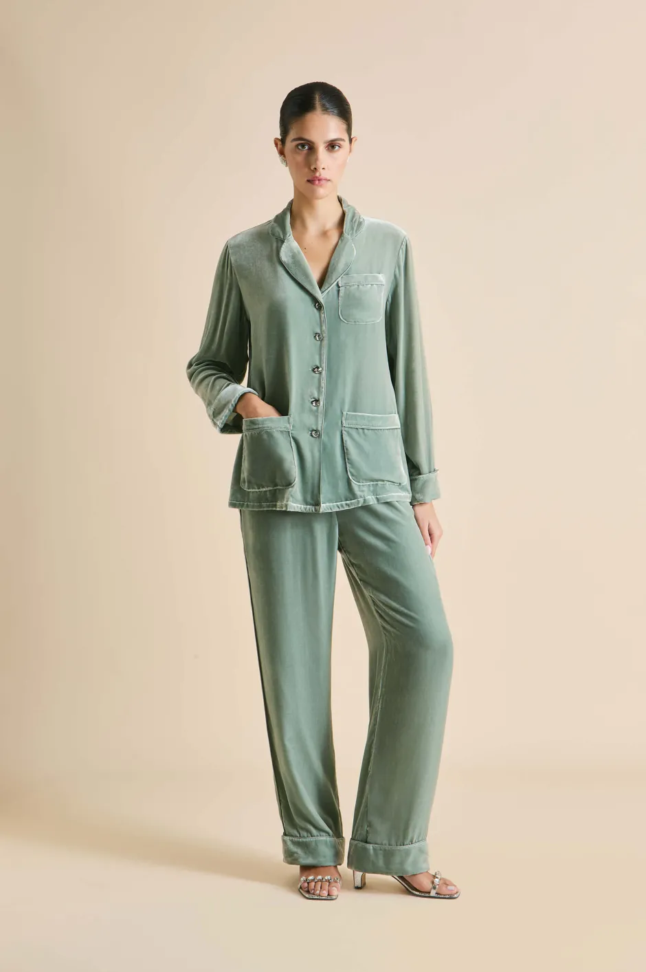 Sale Olivia von Halle Coco Ash Pajamasin Silk Velvet Green