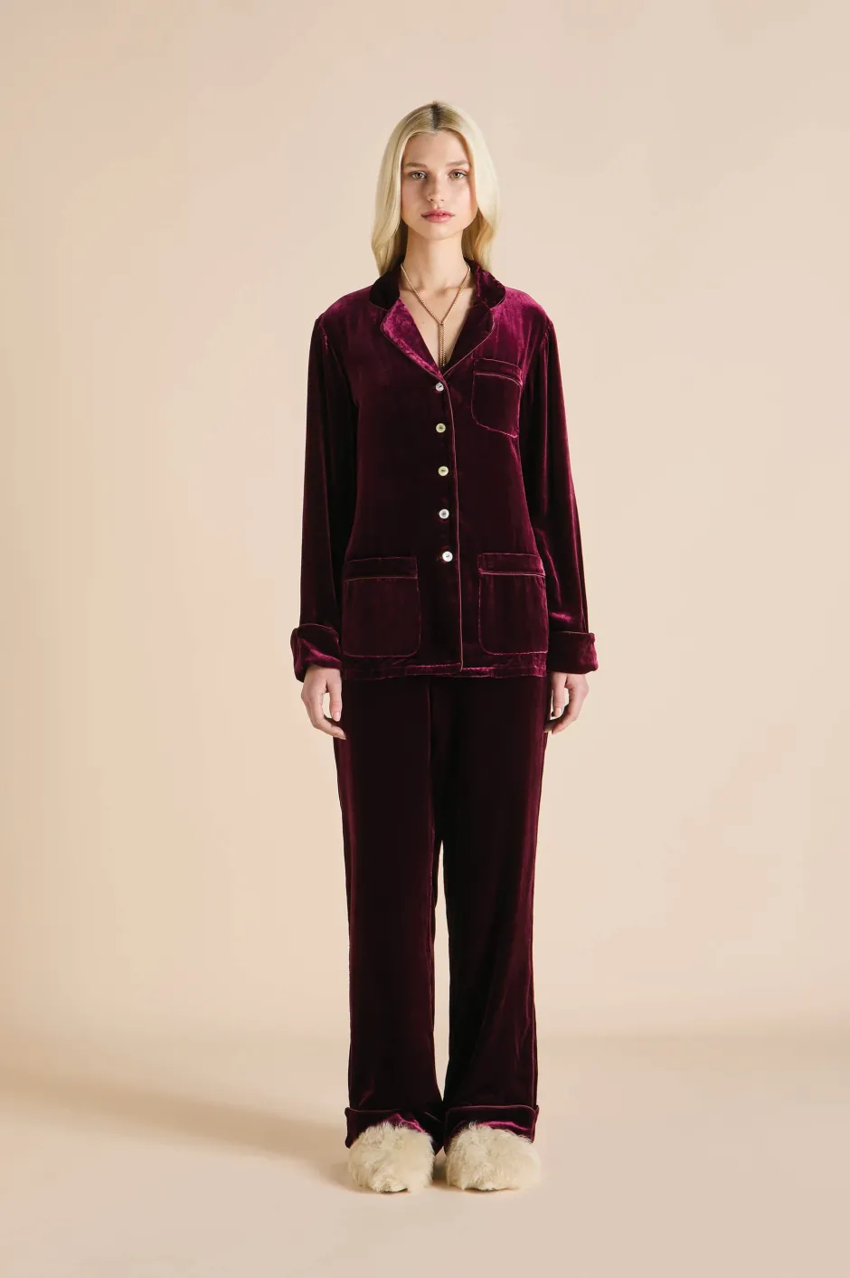 New Olivia von Halle Coco Pyjamasin Silk Velvet Burgundy