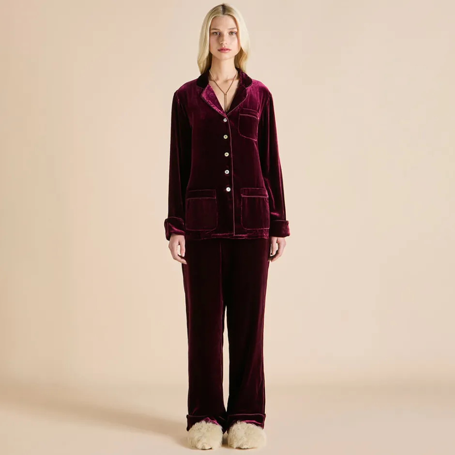 New Olivia von Halle Coco Pyjamasin Silk Velvet Burgundy