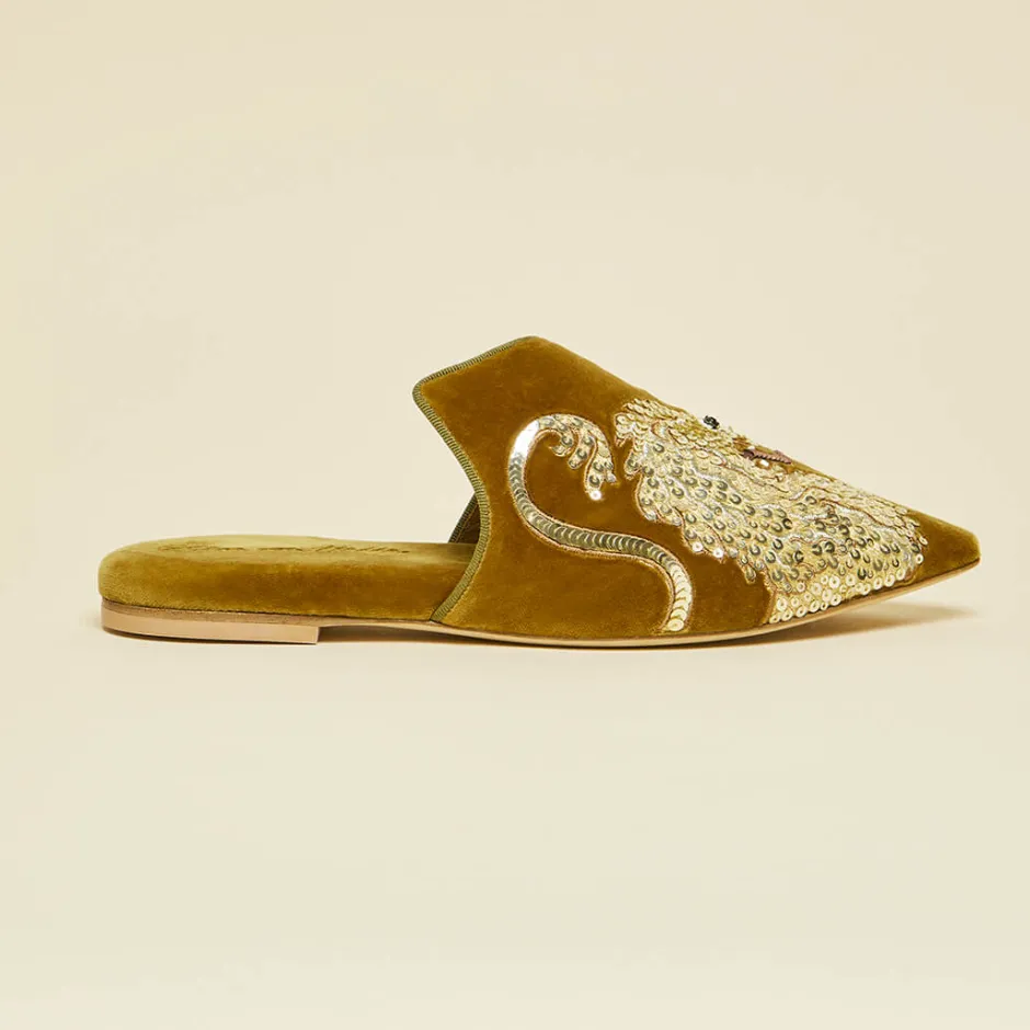 Cheap Olivia von Halle Contessa August Gold Embellished Slippersin Silk Velvet