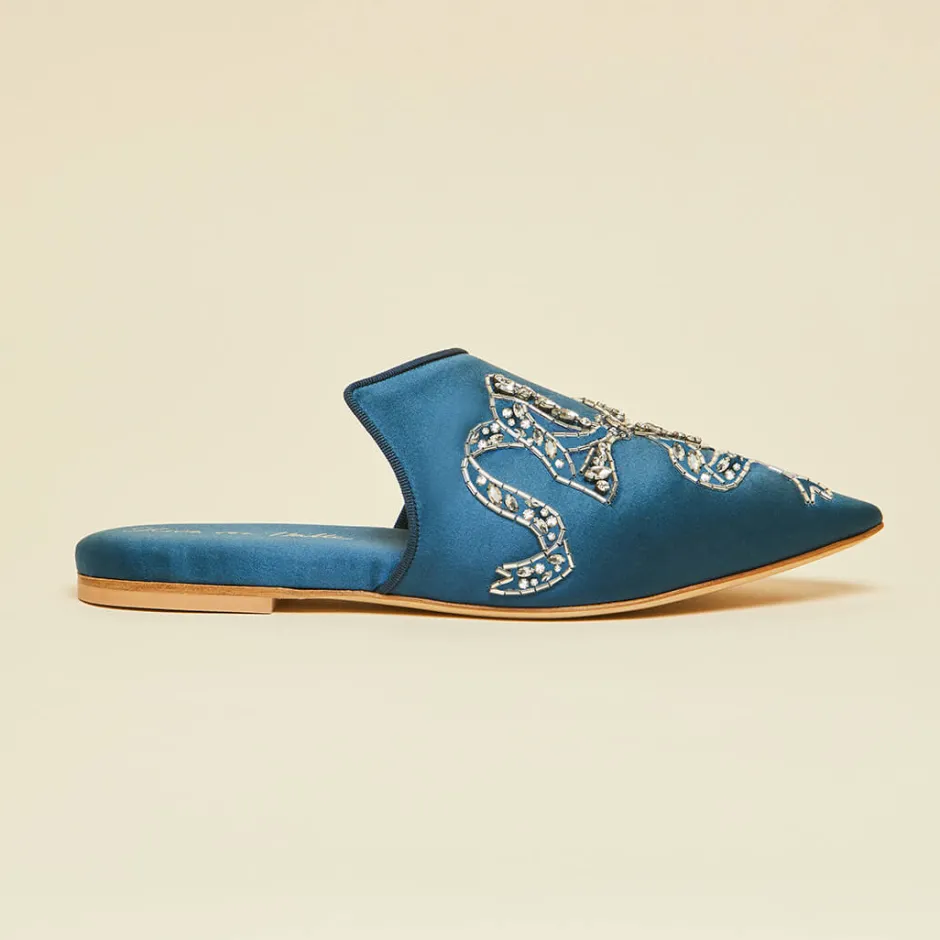 Flash Sale Olivia von Halle Contessa Grace Blue Embellished Slippersin Silk Satin