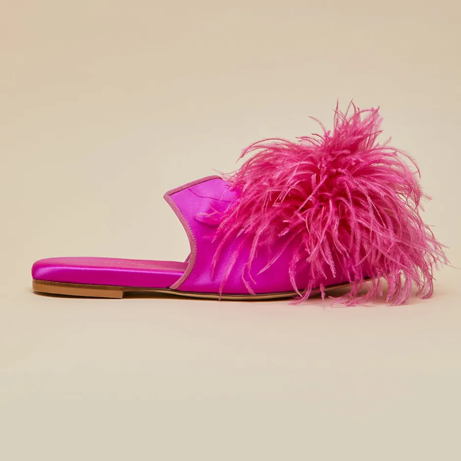 Outlet Olivia von Halle Contessa Madame PinkSlippersin Silk Feather