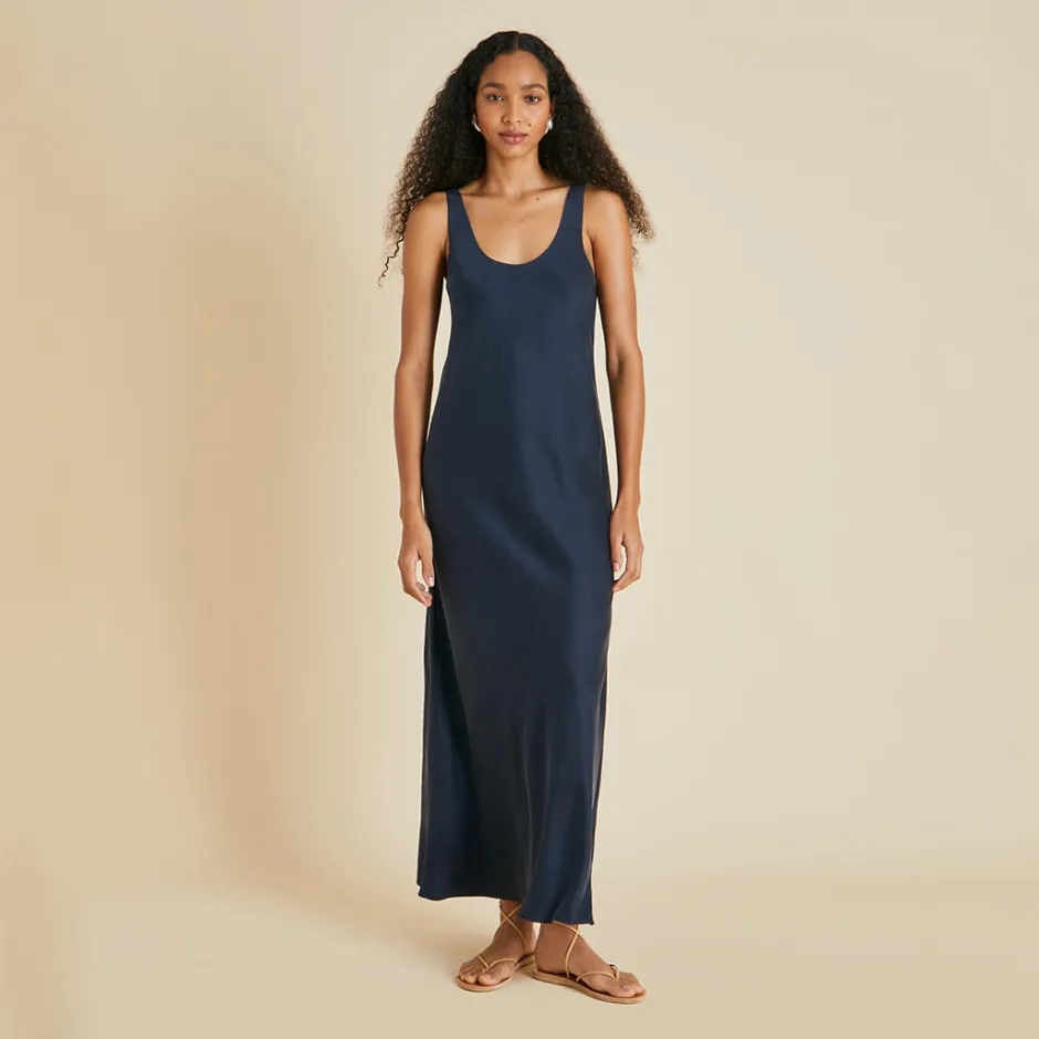 New Olivia von Halle Dali Slip Dressin Sandwashed Silk Navy