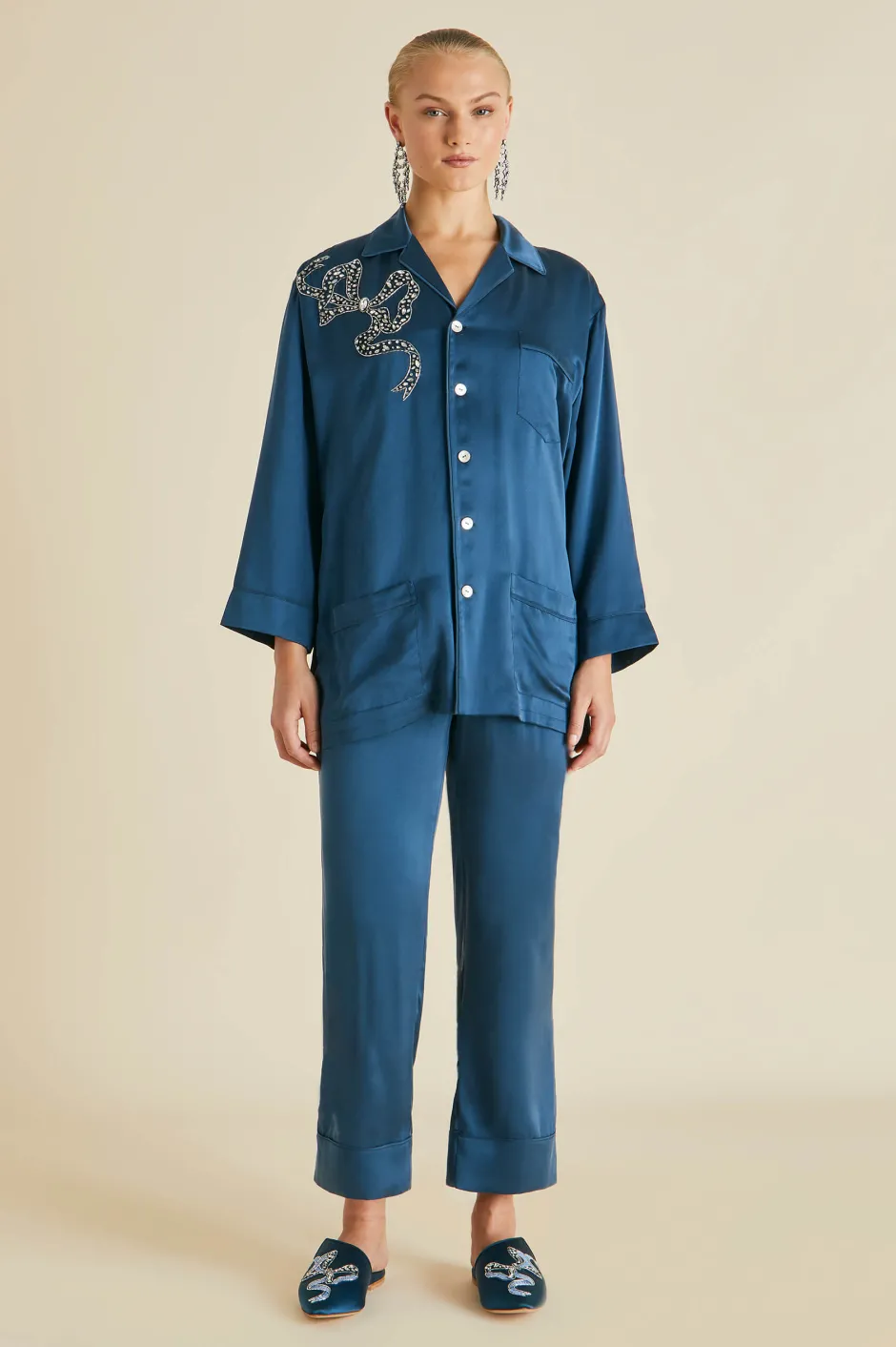 Cheap Olivia von Halle Fifi Grace Blue Embellished Pajamasin Silk Satin