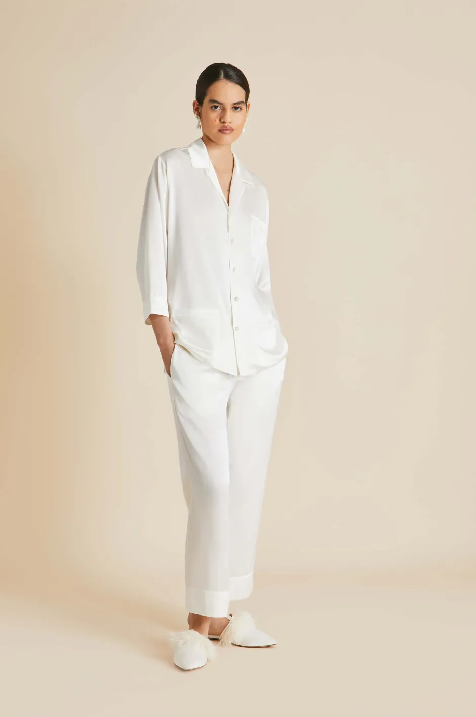 Shop Olivia von Halle Fifi Pearl Pajamasin Silk Satin Ivory