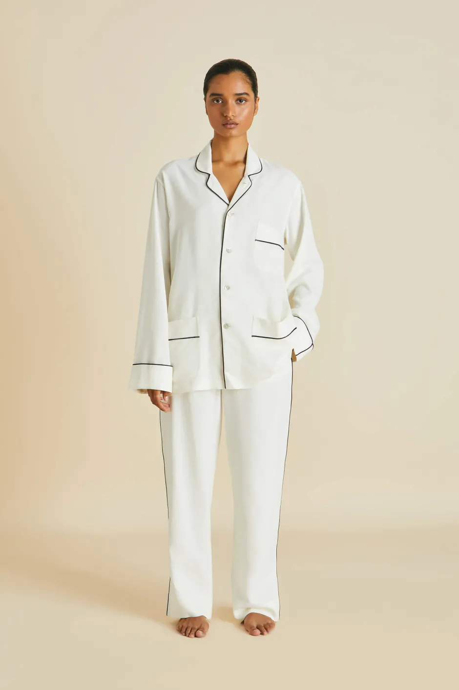 Shop Olivia von Halle Laurent Pajamasin Sandwashed Silk Ivory