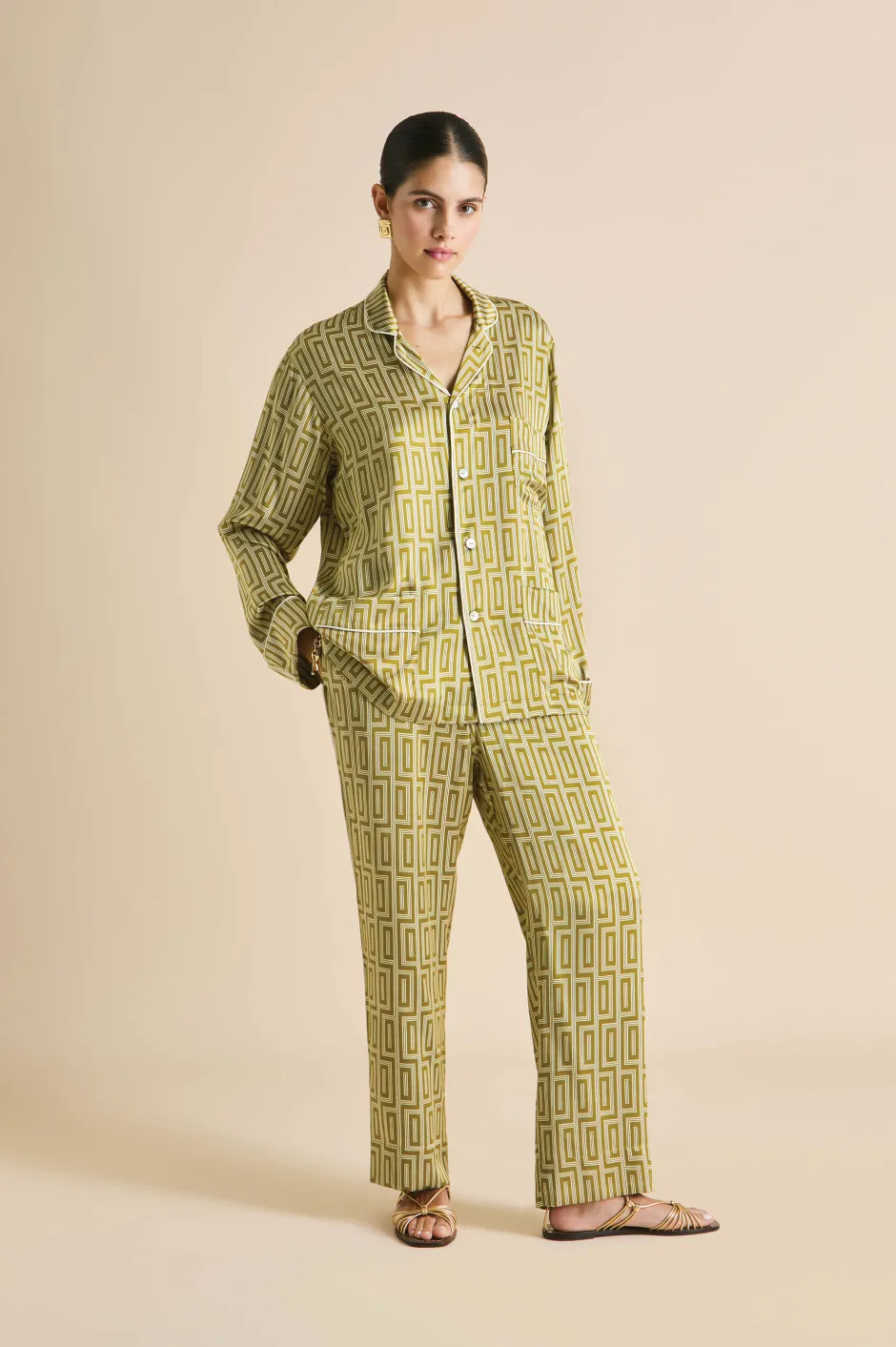 Best Sale Olivia von Halle Laurent Ruhlmann Geometric Pajamasin Silk Satin Gold