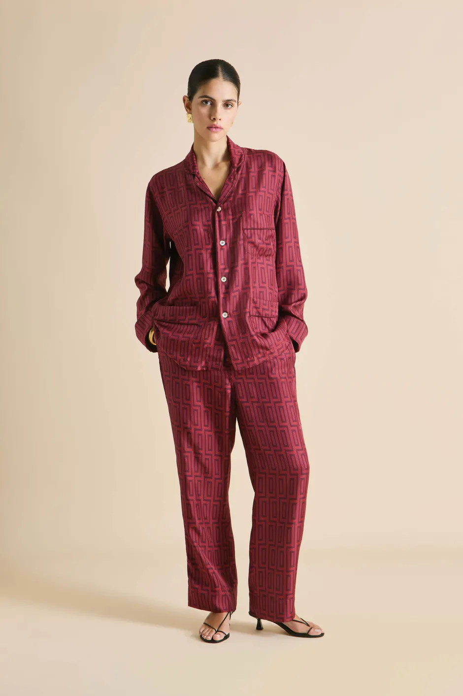 Clearance Olivia von Halle Laurent Ruspoli Geometric Pajamasin Silk Twill Red