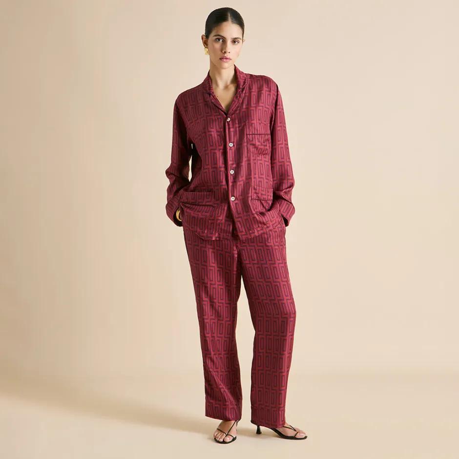 Clearance Olivia von Halle Laurent Ruspoli Geometric Pajamasin Silk Twill Red