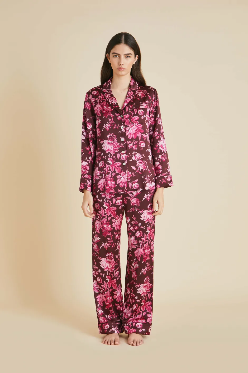 Fashion Olivia von Halle Lila Aphrodite Floral Pajamasin Silk Satin Burgundy