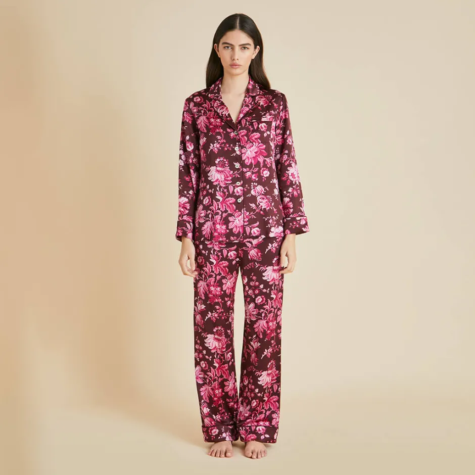 Fashion Olivia von Halle Lila Aphrodite Floral Pajamasin Silk Satin Burgundy