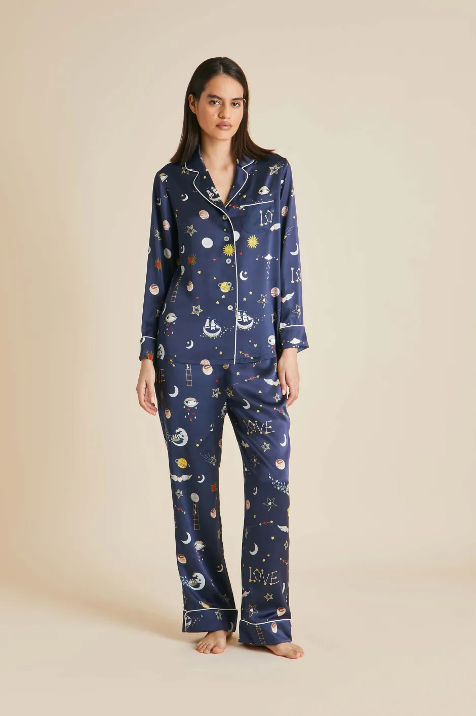 Shop Olivia von Halle Lila Cosmic pajamasin Silk Satin Navy