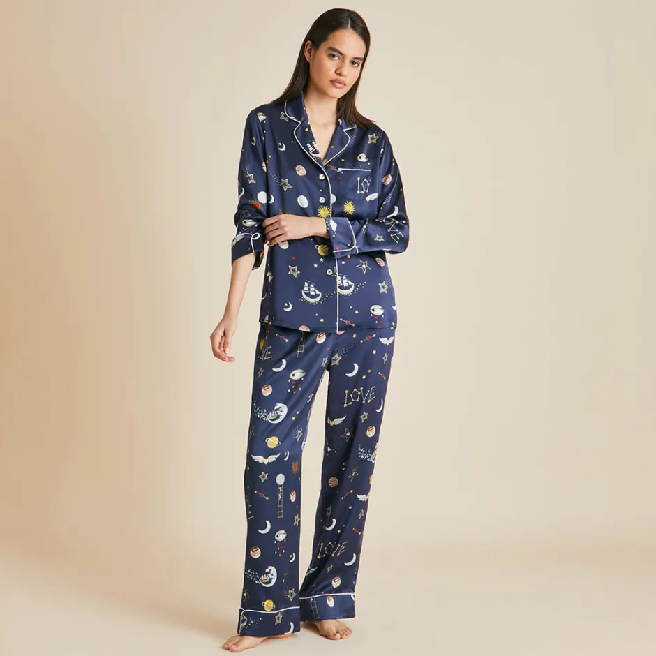 Shop Olivia von Halle Lila Cosmic pajamasin Silk Satin Navy