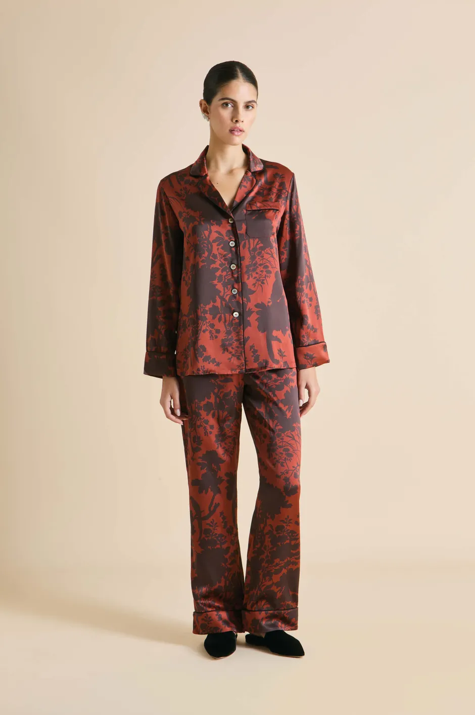 Clearance Olivia von Halle Lila Lalanne Burgundy Floral Pajamasin Silk Satin Brown