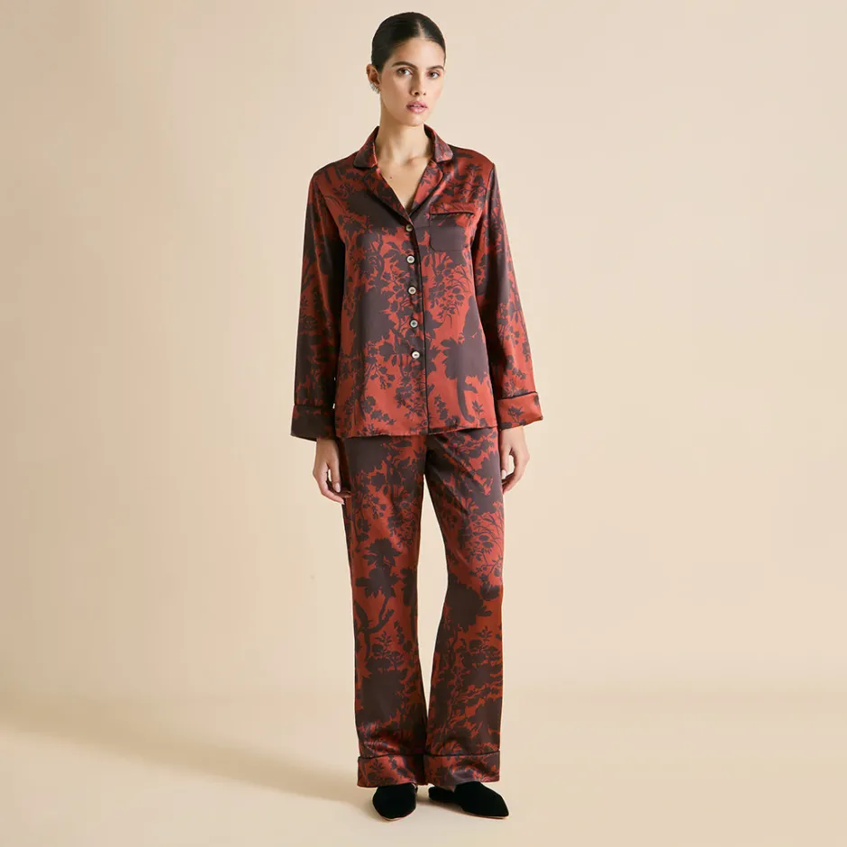 Clearance Olivia von Halle Lila Lalanne Burgundy Floral Pajamasin Silk Satin Brown