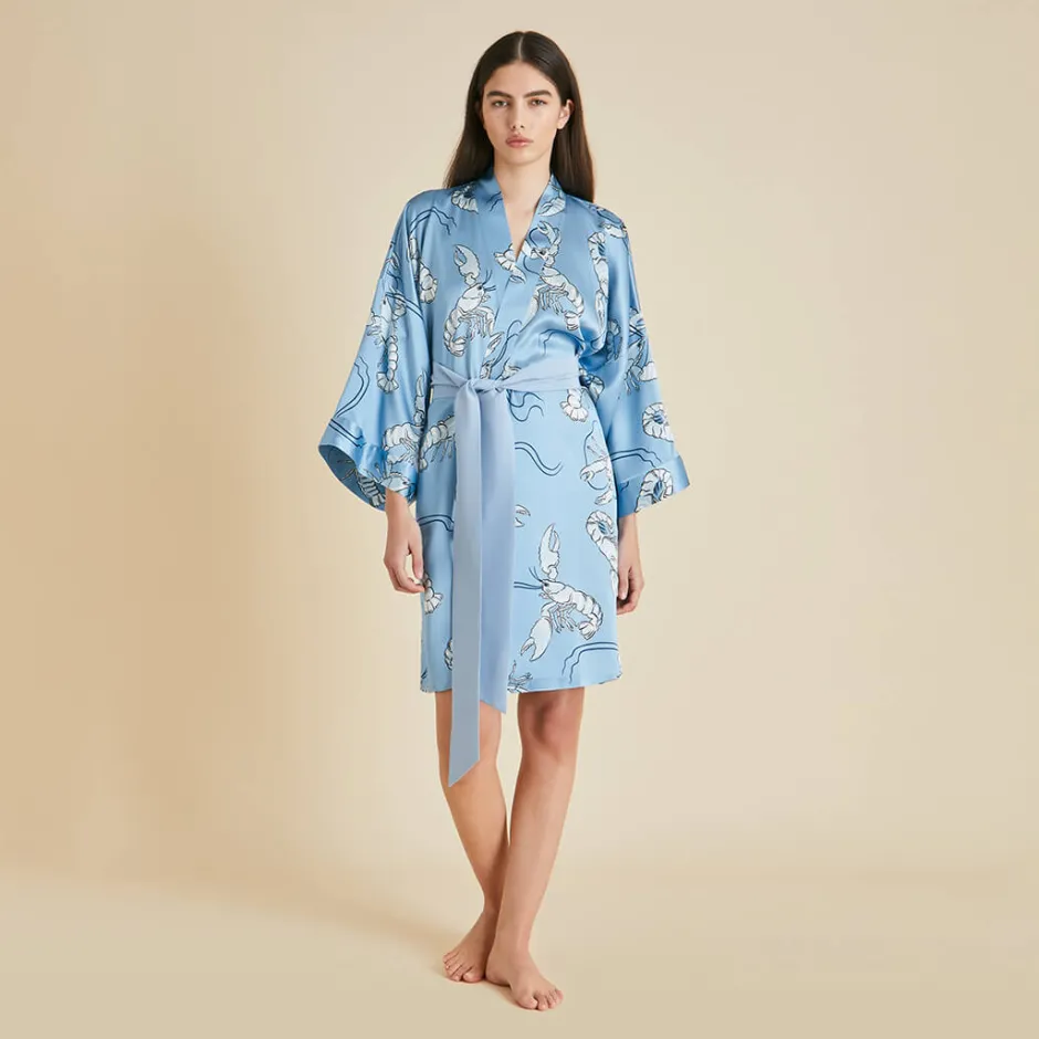 New Olivia von Halle Mimi Poseidon Lobster Robein Silk Satin Blue