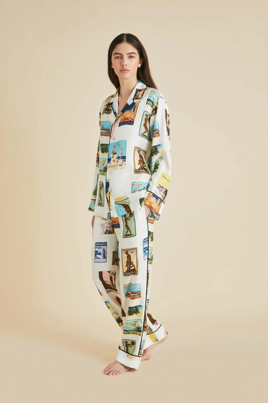 Shop Olivia von Halle Yves Cadmus Postcard Pajamasin Silk Twill Ivory