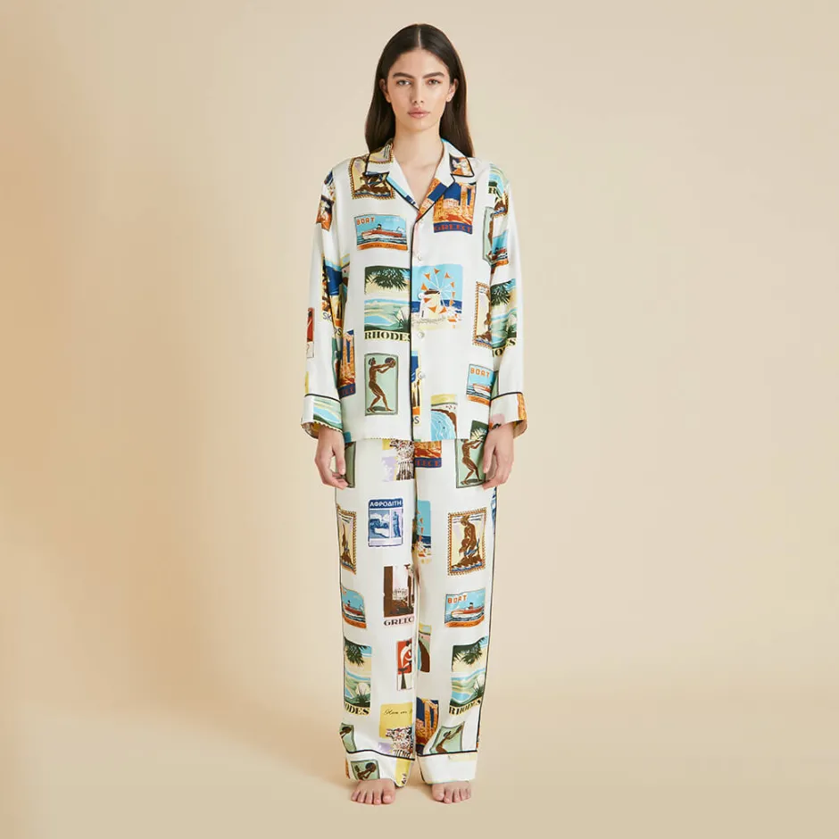 Shop Olivia von Halle Yves Cadmus Postcard Pajamasin Silk Twill Ivory