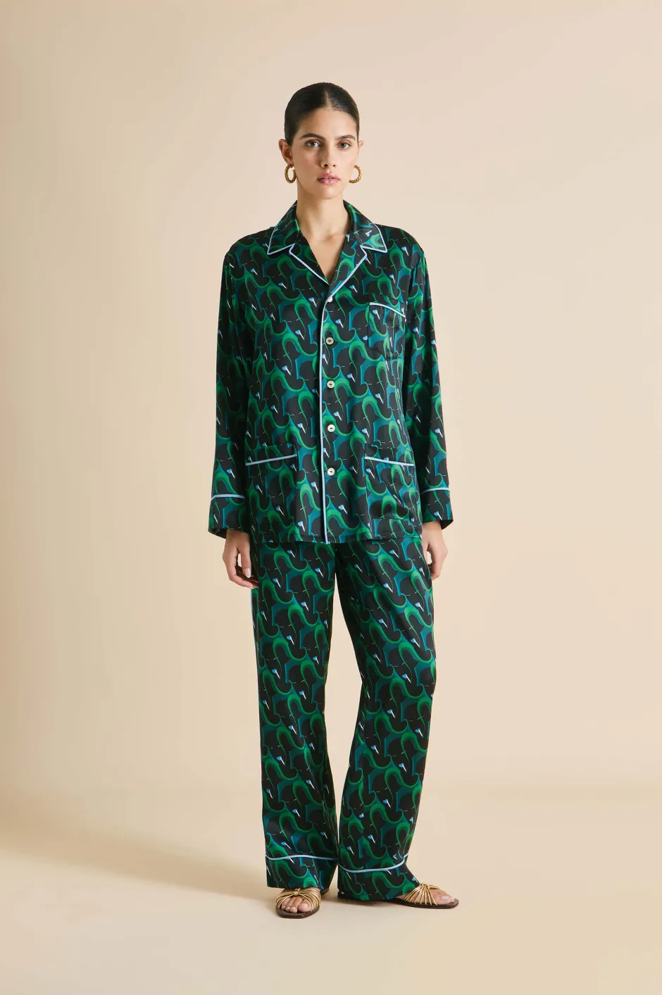 Shop Olivia von Halle Yves Colette Figure Pajamasin Silk Satin Green