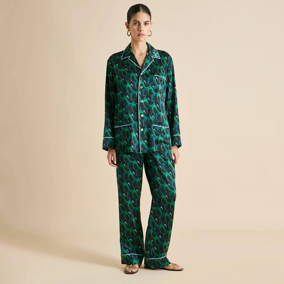 Shop Olivia von Halle Yves Colette Figure Pajamasin Silk Satin Green