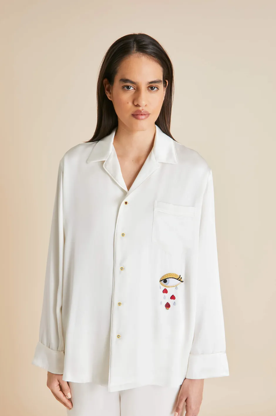 Sale Olivia von Halle Yves Desire pajamasin Silk with Ruby and Diamond Buttons by Jessica McCormack Ivory