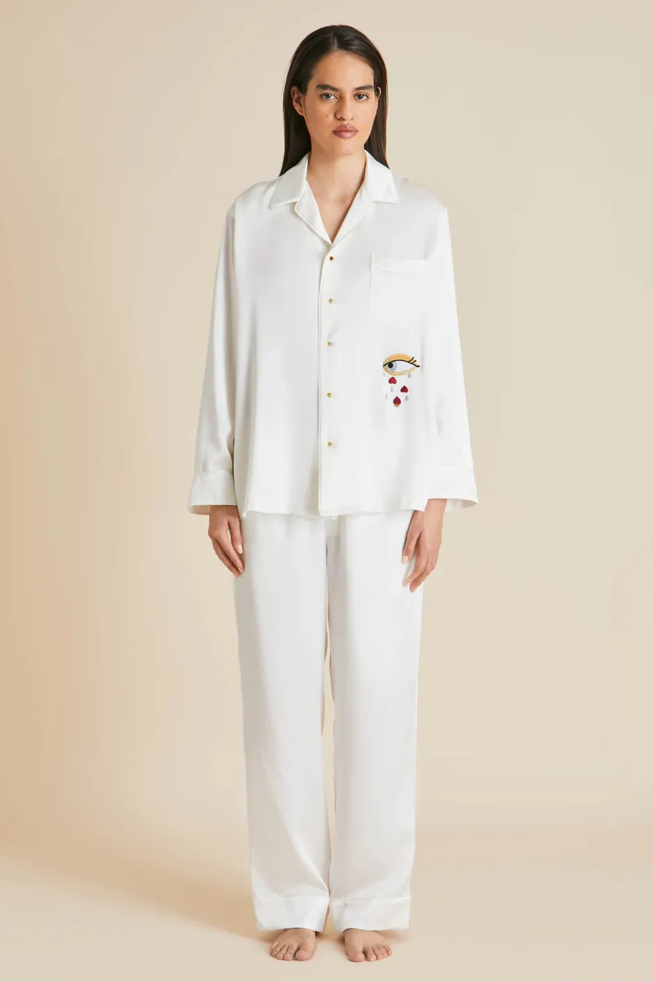 Sale Olivia von Halle Yves Desire pajamasin Silk with Ruby and Diamond Buttons by Jessica McCormack Ivory