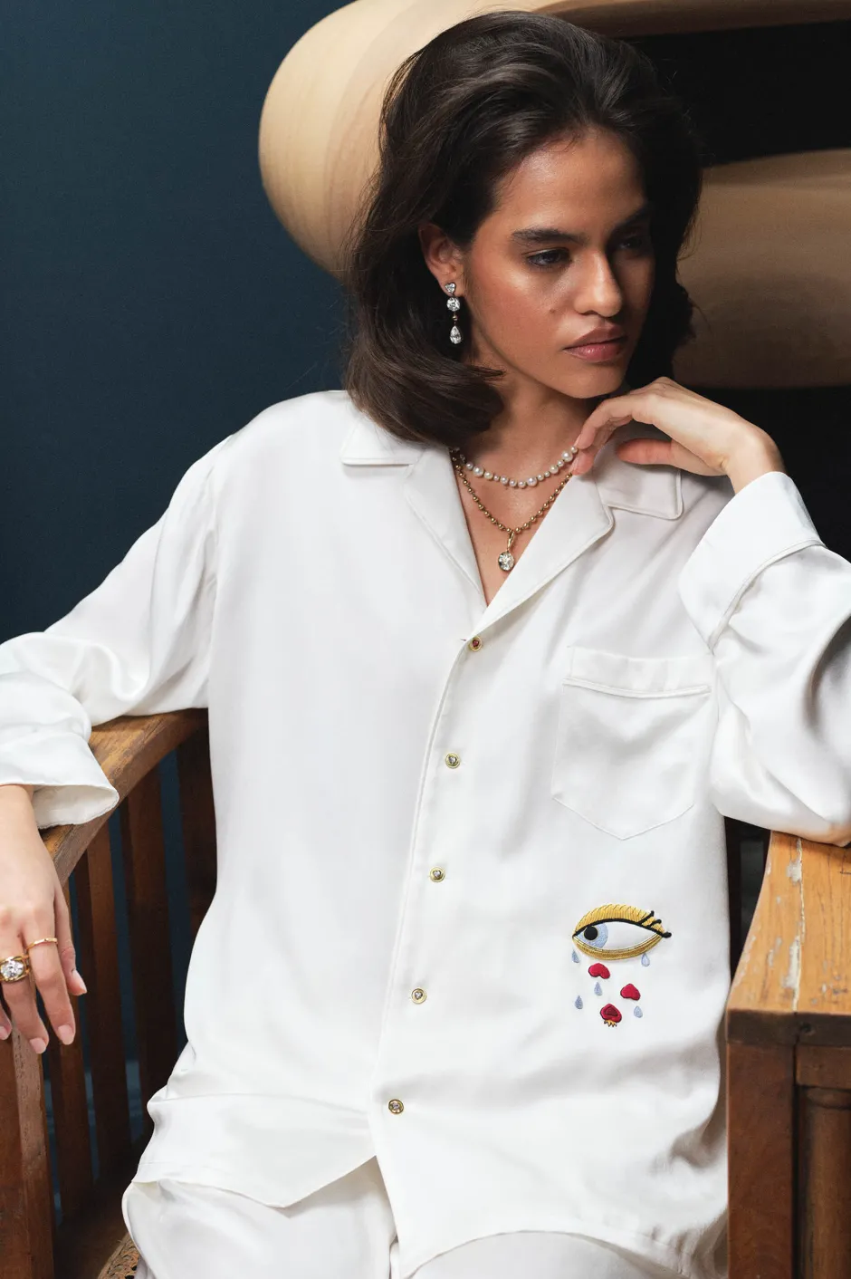 Sale Olivia von Halle Yves Desire pajamasin Silk with Ruby and Diamond Buttons by Jessica McCormack Ivory