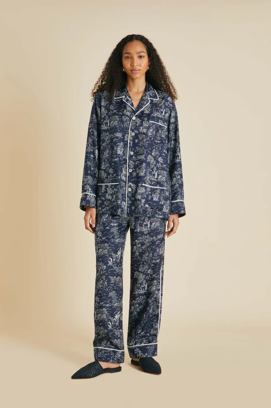 Cheap Olivia von Halle Yves Erebus Toile de Jouy Pajamasin Silk Twill Navy