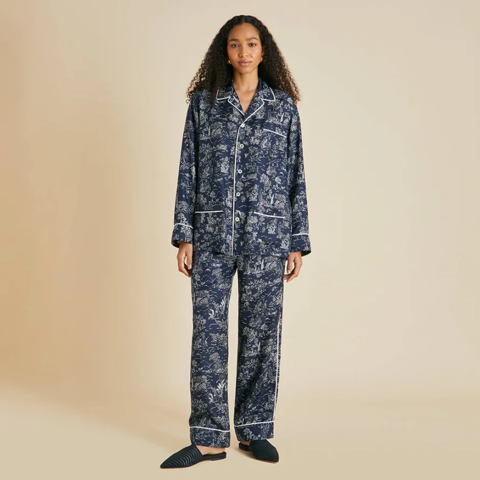 Cheap Olivia von Halle Yves Erebus Toile de Jouy Pajamasin Silk Twill Navy