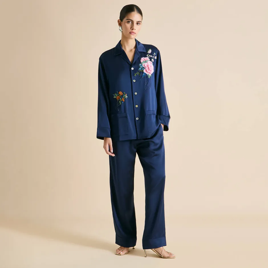 Hot Olivia von Halle Yves Harmonies Embellished Pajamasin Silk Satin Navy