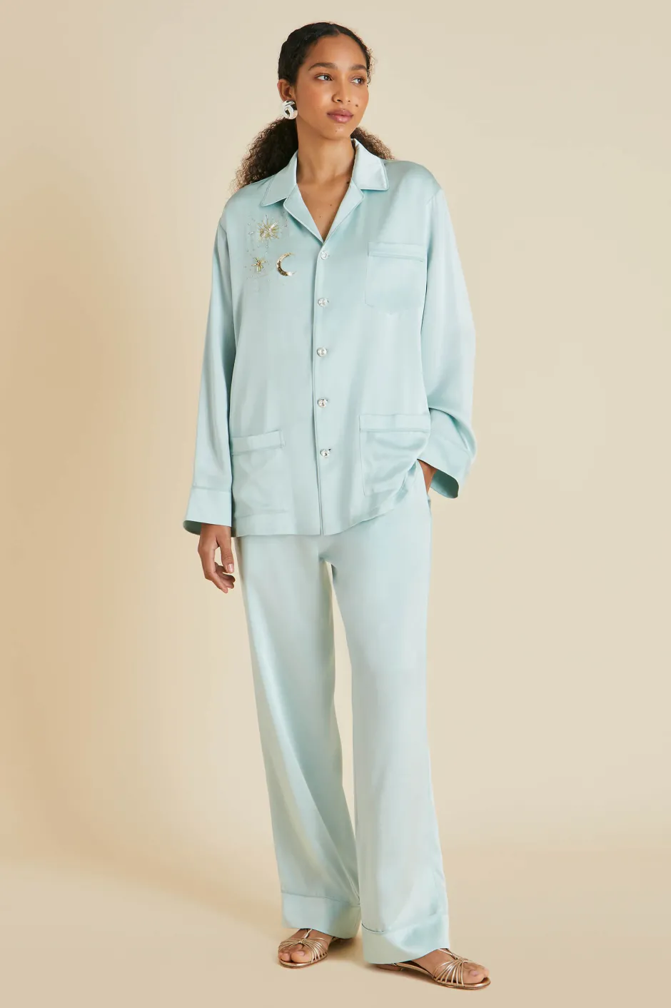 Shop Olivia von Halle Yves Incantation Blue Embellished Pajamasin Sandwashed Silk