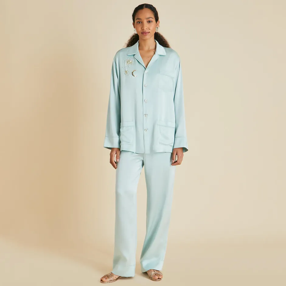 Shop Olivia von Halle Yves Incantation Blue Embellished Pajamasin Sandwashed Silk