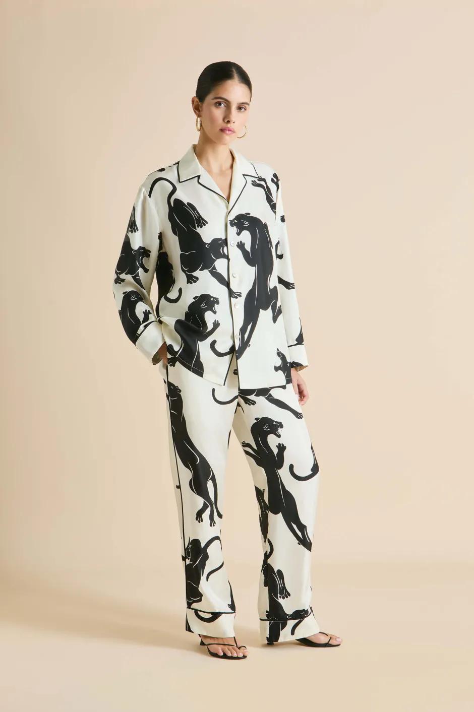 New Olivia von Halle Yves Romain Panther Pajamasin Silk Twill Ivory