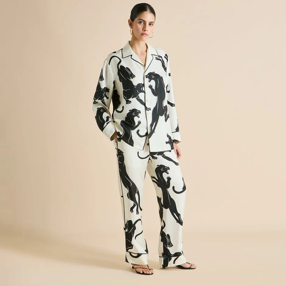 New Olivia von Halle Yves Romain Panther Pajamasin Silk Twill Ivory