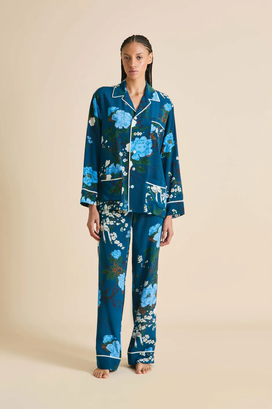 Outlet Olivia von Halle Yves Tibatant Floral Pajamasin Silk Crêpe de Chine Blue