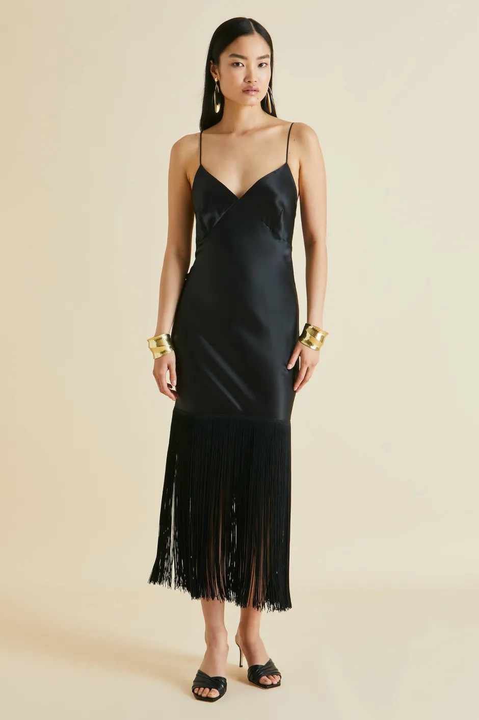 Shop Olivia von Halle Zoya Black Fringed Slip Dressin Silk Satin