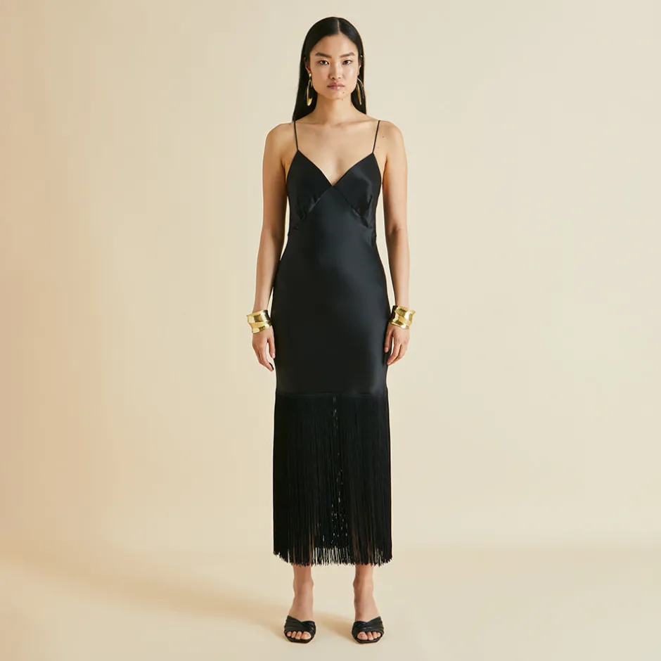 Shop Olivia von Halle Zoya Black Fringed Slip Dressin Silk Satin