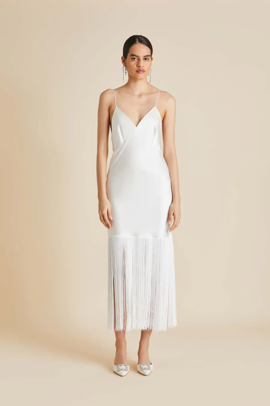 Sale Olivia von Halle Zoya Fringed Slip Dressin Silk Satin Ivory